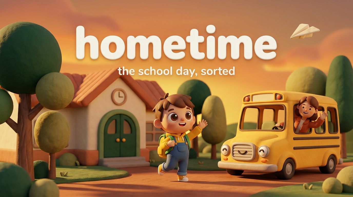 Hometime brand illustration of a school, a smiling bus and a waving child at golden hour