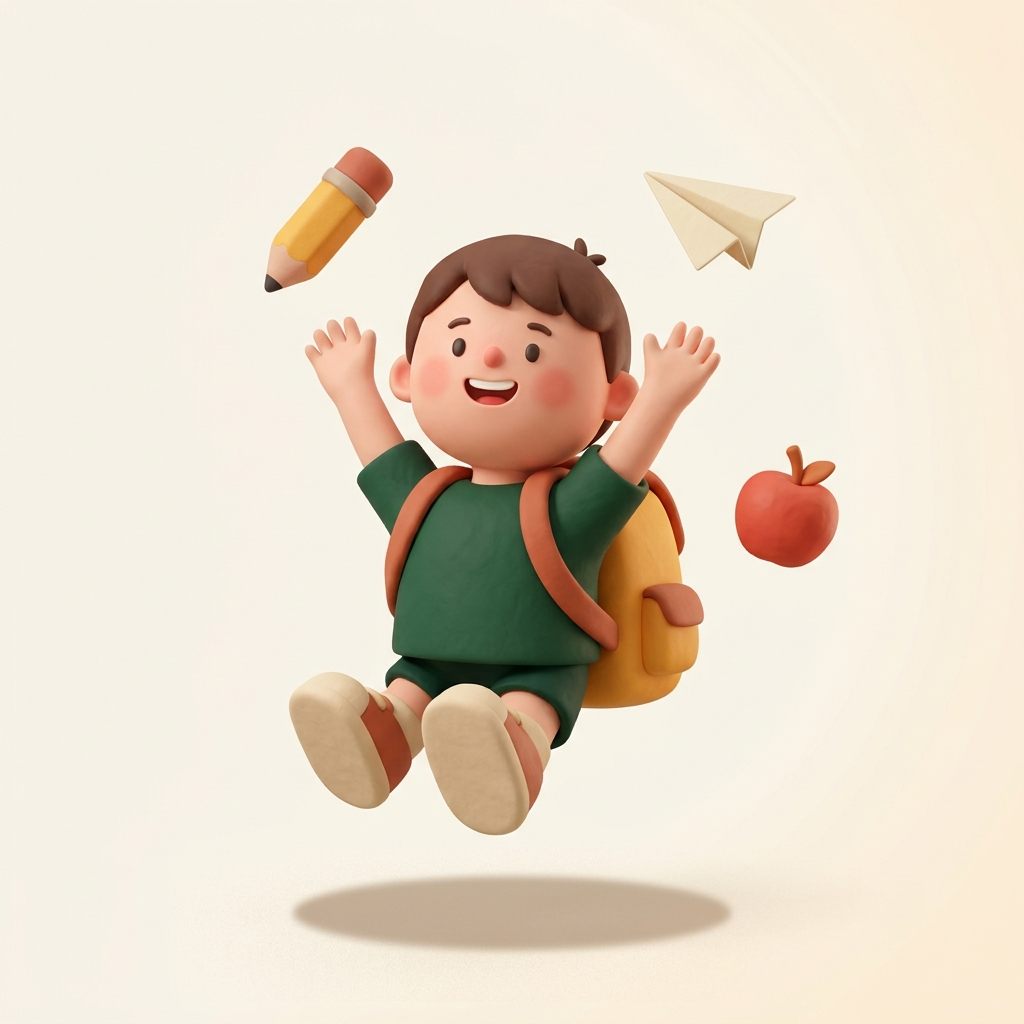 Illustration of a joyful child mid-jump with school supplies floating around them