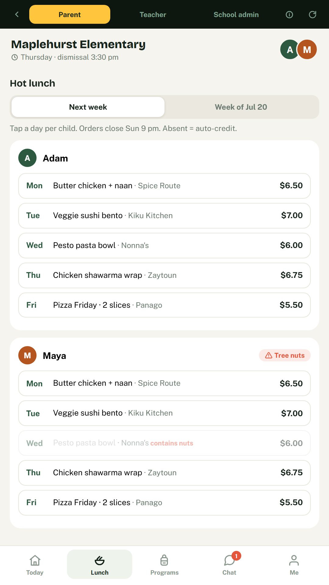 Hot lunch ordering screen with an allergy warning on one menu item