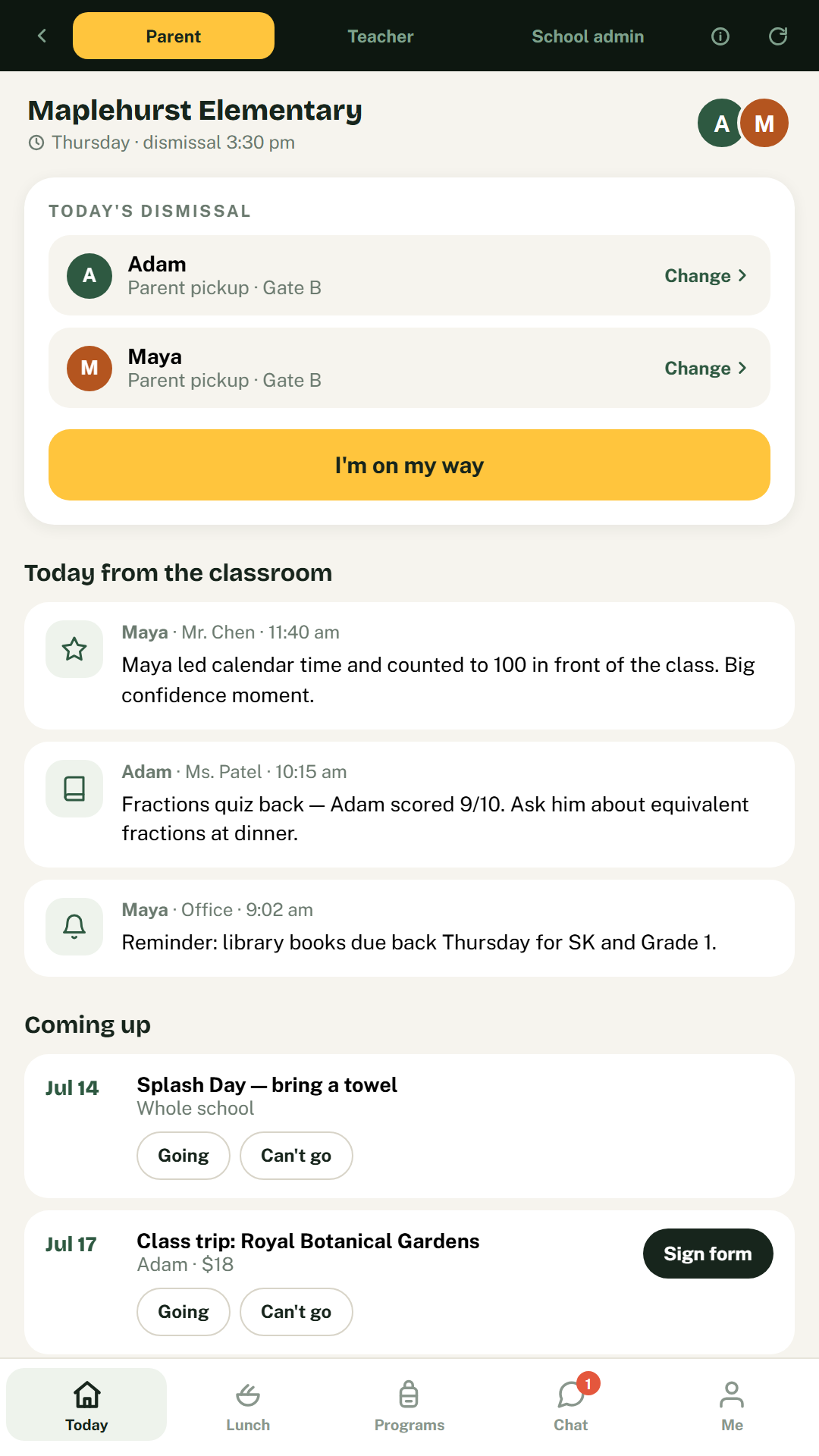 Hometime Today screen showing dismissal plans for two children and classroom updates